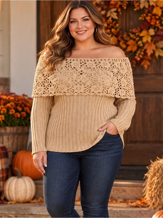 &merci Sweaters - &Merci Crochet Yoke Off-Shoulder Sweater in Beige
